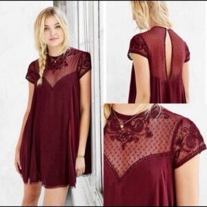 Urban outfitters lace polka dot burgundy maroon boho flowy mini dress casual